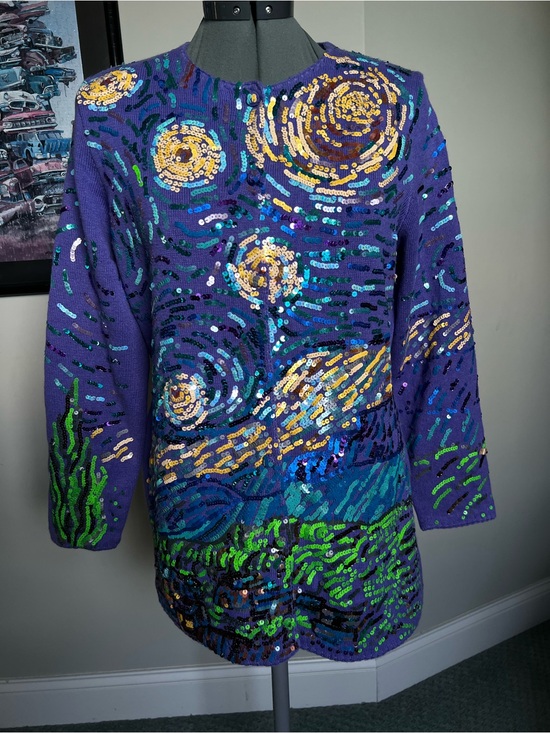 Michael Simon Sweaters - Michael Simon M Van Gogh Starry Night Sweater Cardigan Sequin Art To Wear